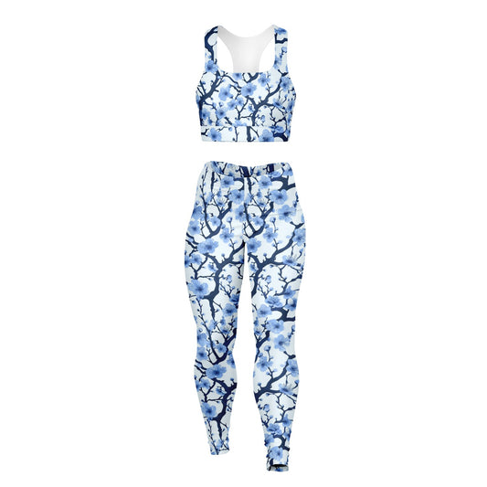 White with blue poplar tree Padded Sports Bra & Leggings - AOP