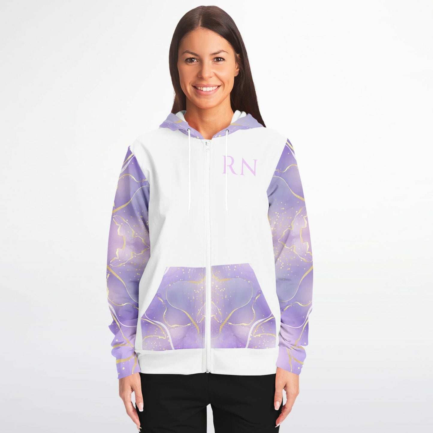 MICU RN, Nurse Fashion Zip-Up Hoodie -  White, gold text, with purple and gold ribbon sleeves