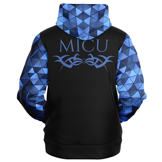 MICU Tribal style 2, RN, Nurse Fashion Zip-Up Hoodie -  Black, blue text, with blue diamond sleeves