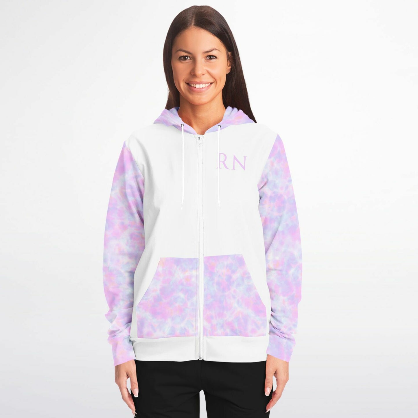 MICU, RN, Nurse Fashion Zip-Up Hoodie -  White, purple and light blue sleeves