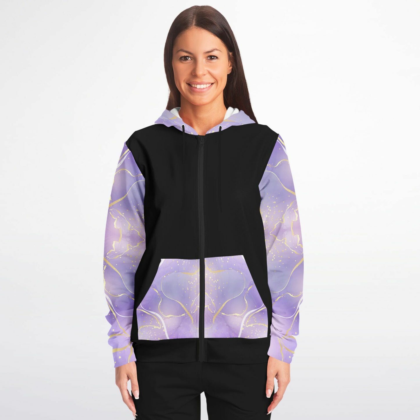 Fashion Zip-Up Hoodie -  Black, gold text, with purple and gold ribbon sleeves