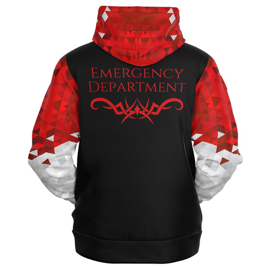 Emergency department Tribal Style , RN, Nurse Fashion Zip-Up Hoodie -  Black, red text, with red, white, silver diamond sleeves