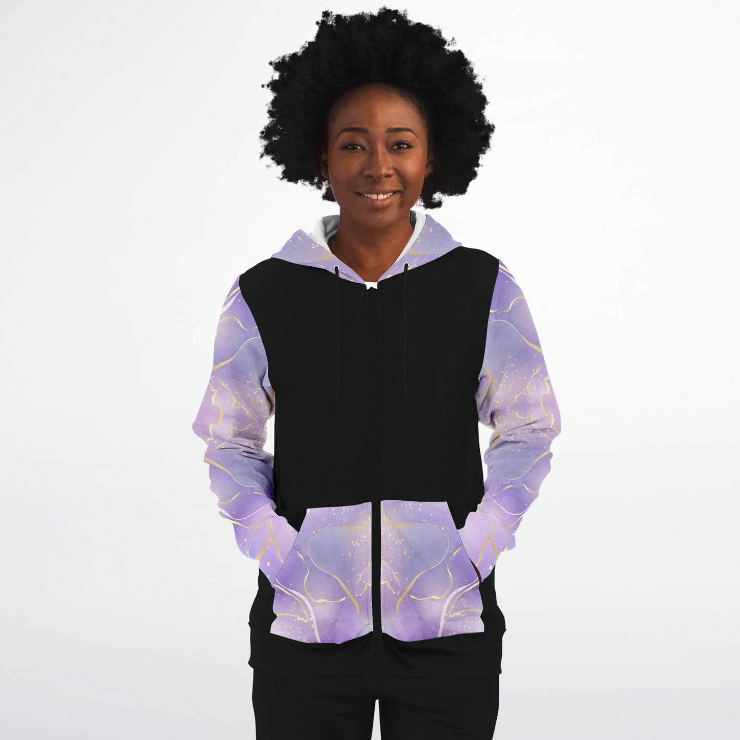 Fashion Zip-Up Hoodie -  Black, gold text, with purple and gold ribbon sleeves