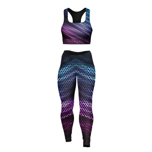 Black Carbon with Pink and Blue Padded Sports Bra & Leggings -