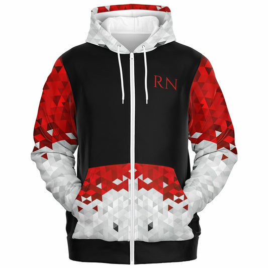 CVICU Tribal Style 1, RN, Nurse Fashion Zip-Up Hoodie -  Black, red text, with red, white, silver diamond sleeves    copy