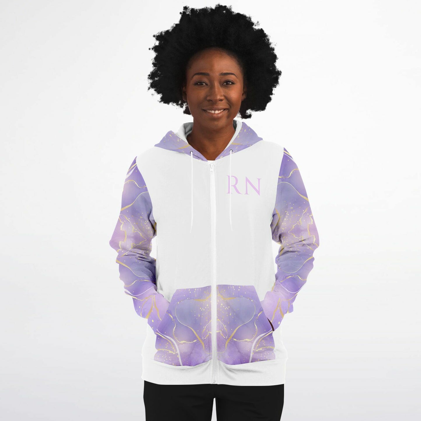 MICU RN, Nurse Fashion Zip-Up Hoodie -  White, gold text, with purple and gold ribbon sleeves