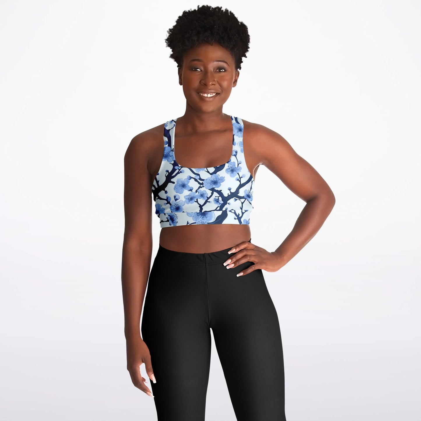 White with Blue polar tree Padded Sports Bra - AOP