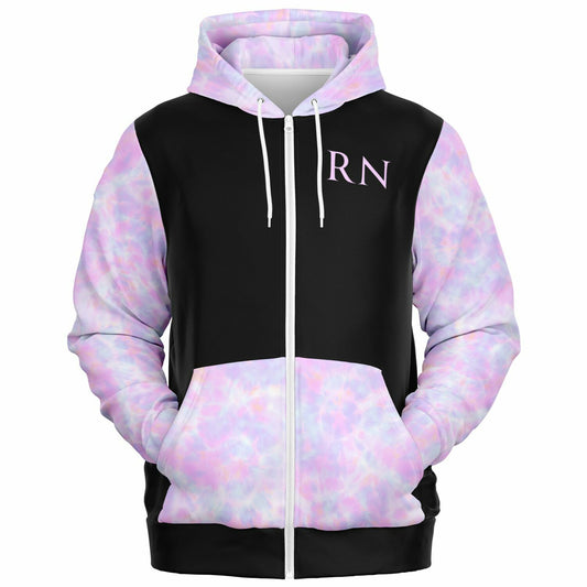 RN, Nurse Fashion Zip-Up Hoodie -  Black, purple and light blue sleeves