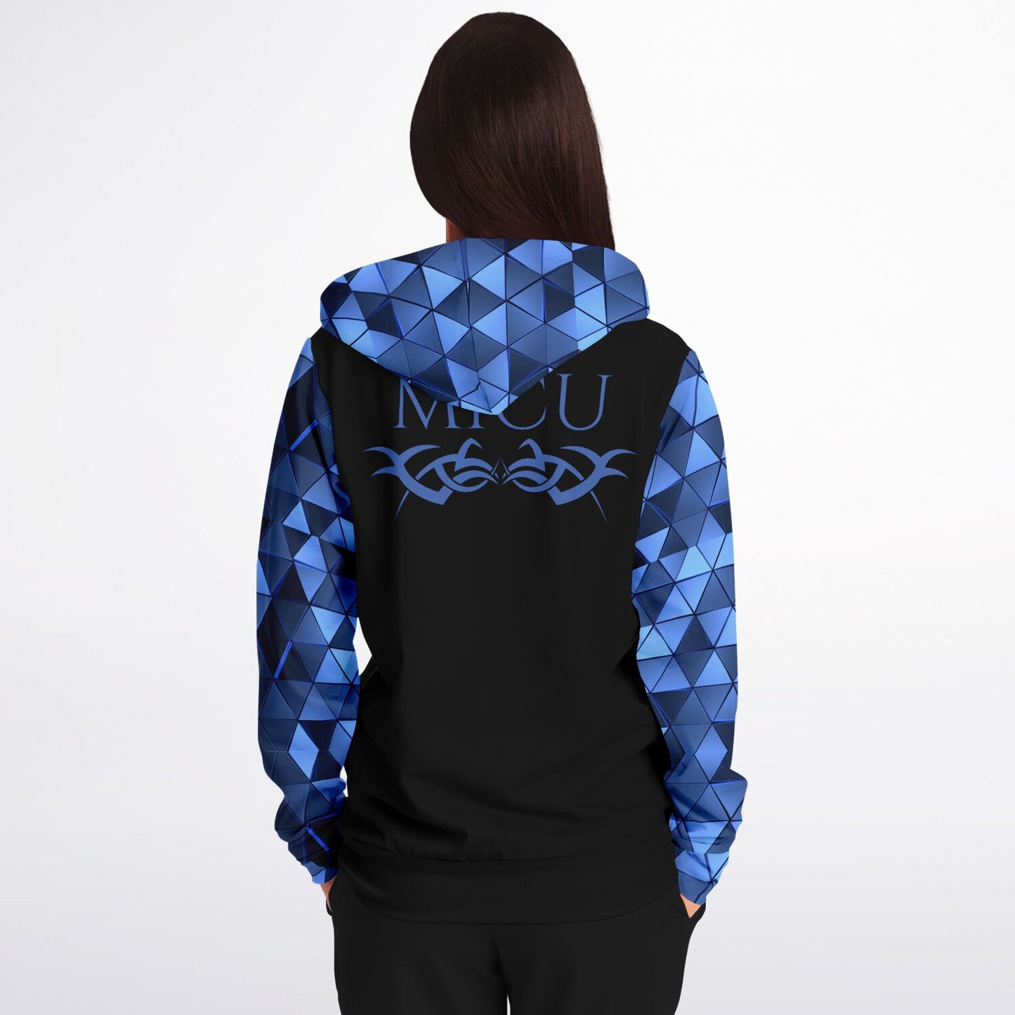 MICU Tribal style 2, RN, Nurse Fashion Zip-Up Hoodie -  Black, blue text, with blue diamond sleeves