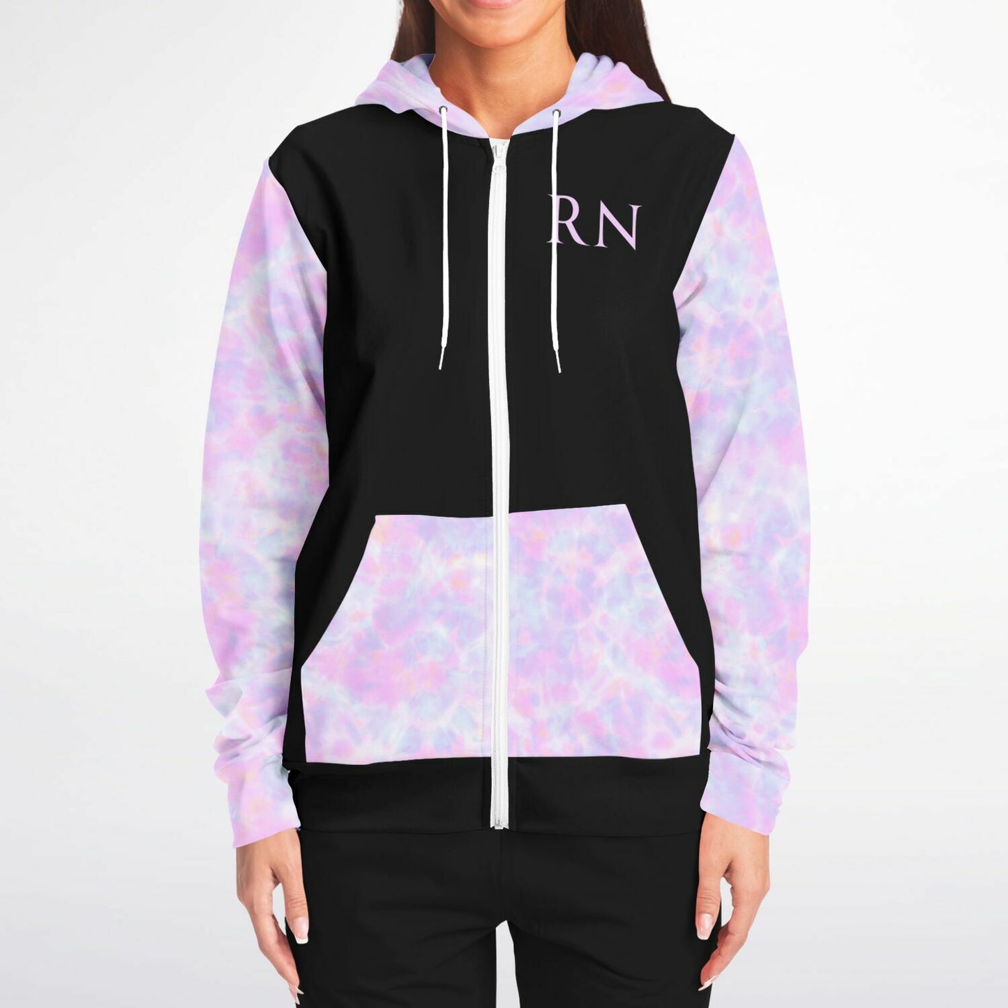 CVICU, RN, Nurse Fashion Zip-Up Hoodie -  Black, purple and light blue sleeves  copy