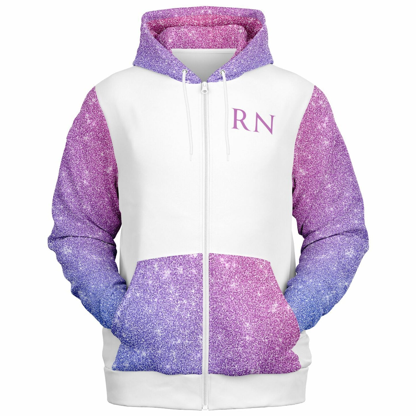 MICU, RN, Nurse Fashion Zip-Up Hoodie -  White, purple and pink sleeves