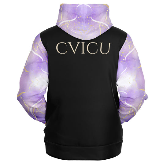 CVICU, RN, Nurse Fashion Zip-Up Hoodie -  Black, gold text, with purple and gold ribbon sleeves copy