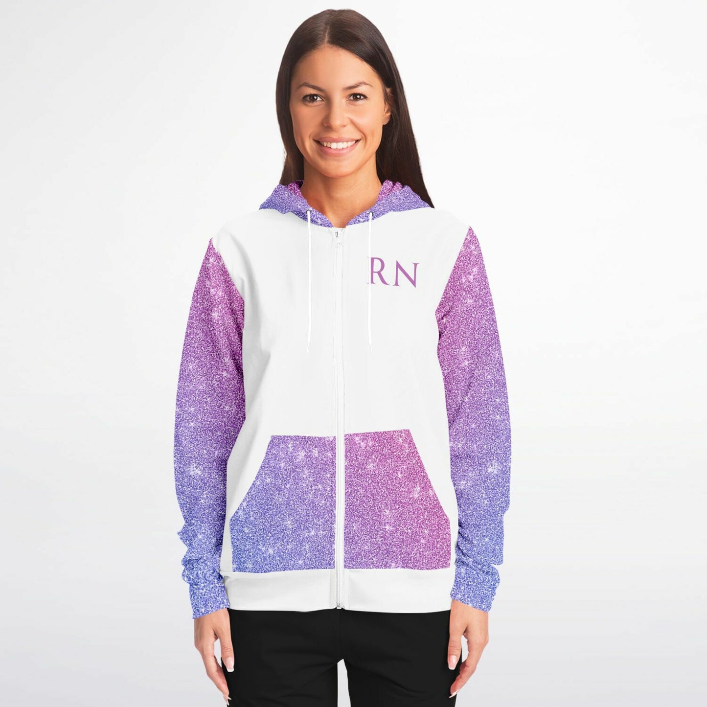 MICU, RN, Nurse Fashion Zip-Up Hoodie -  White, purple and pink sleeves