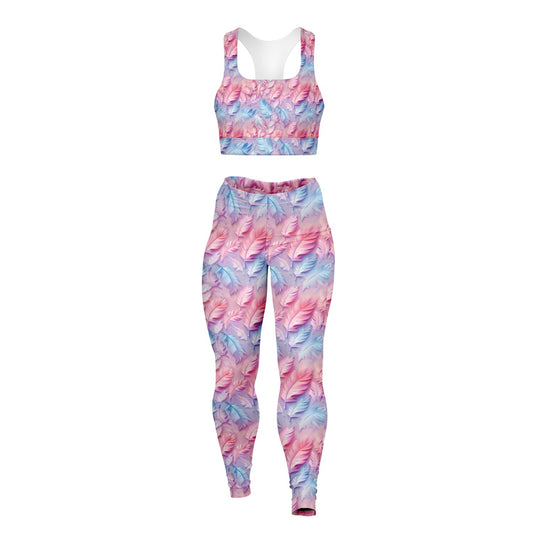 Pink and Blue feathers Padded Sports Bra & Leggings - AOP