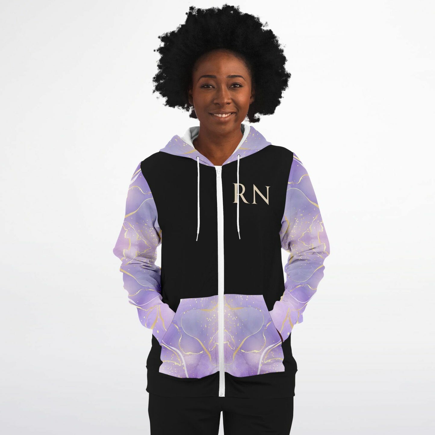 MICU, RN, Nurse Fashion Zip-Up Hoodie -  Black, gold text, with purple and gold ribbon sleeves