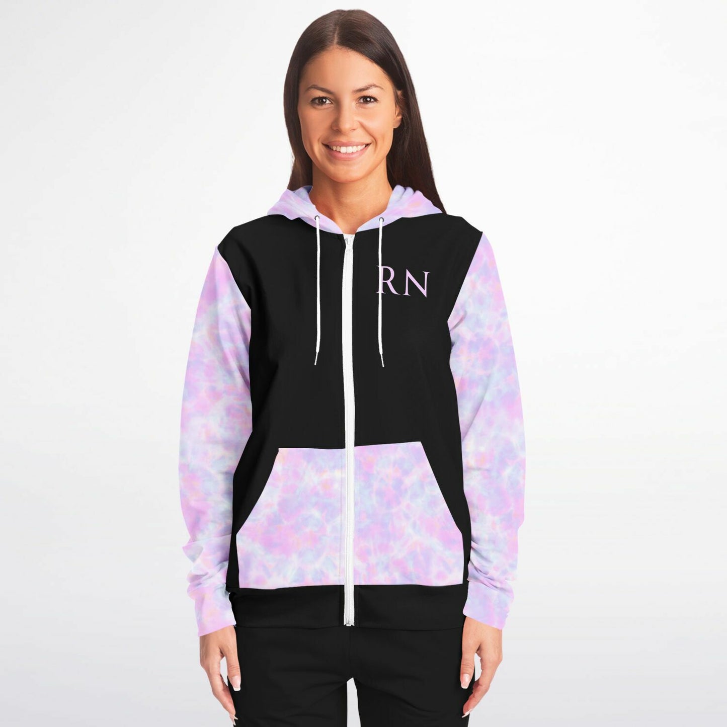 CVICU, RN, Nurse Fashion Zip-Up Hoodie -  Black, purple and light blue sleeves  copy