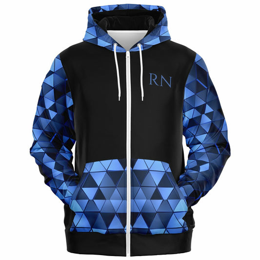 CVICU Tribal style 1, RN, Nurse Fashion Zip-Up Hoodie -  Black, blue text, with blue diamond sleeves