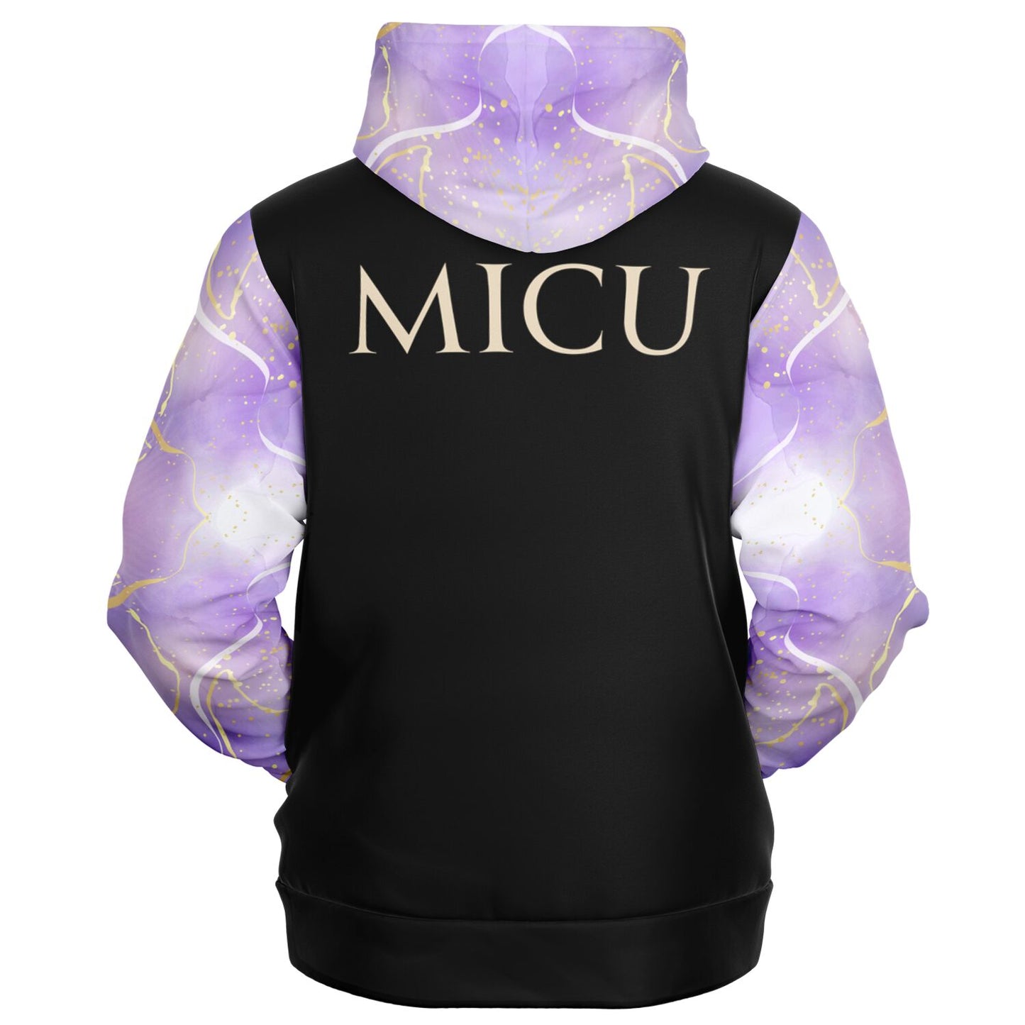 MICU, RN, Nurse Fashion Zip-Up Hoodie -  Black, gold text, with purple and gold ribbon sleeves