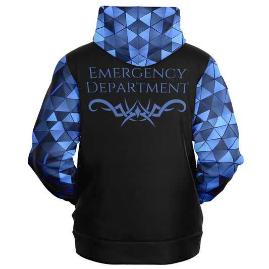 Emergency Department Tribal style 1, RN, Nurse Fashion Zip-Up Hoodie -  Black, blue text, with blue diamond sleeves