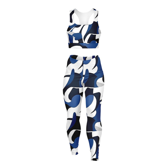Blue with white and black Padded Sports Bra & Leggings - AOP