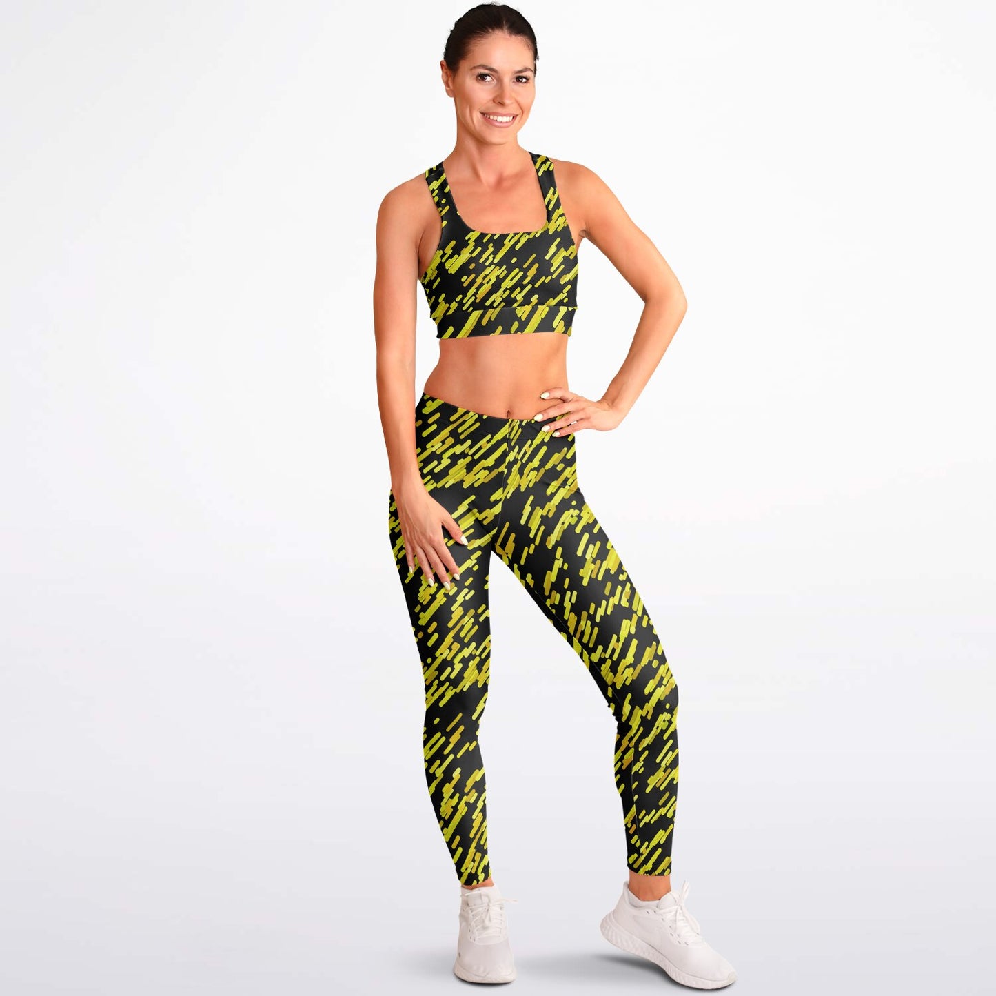 Yellow black Padded Sports Bra & Leggings - AOP
