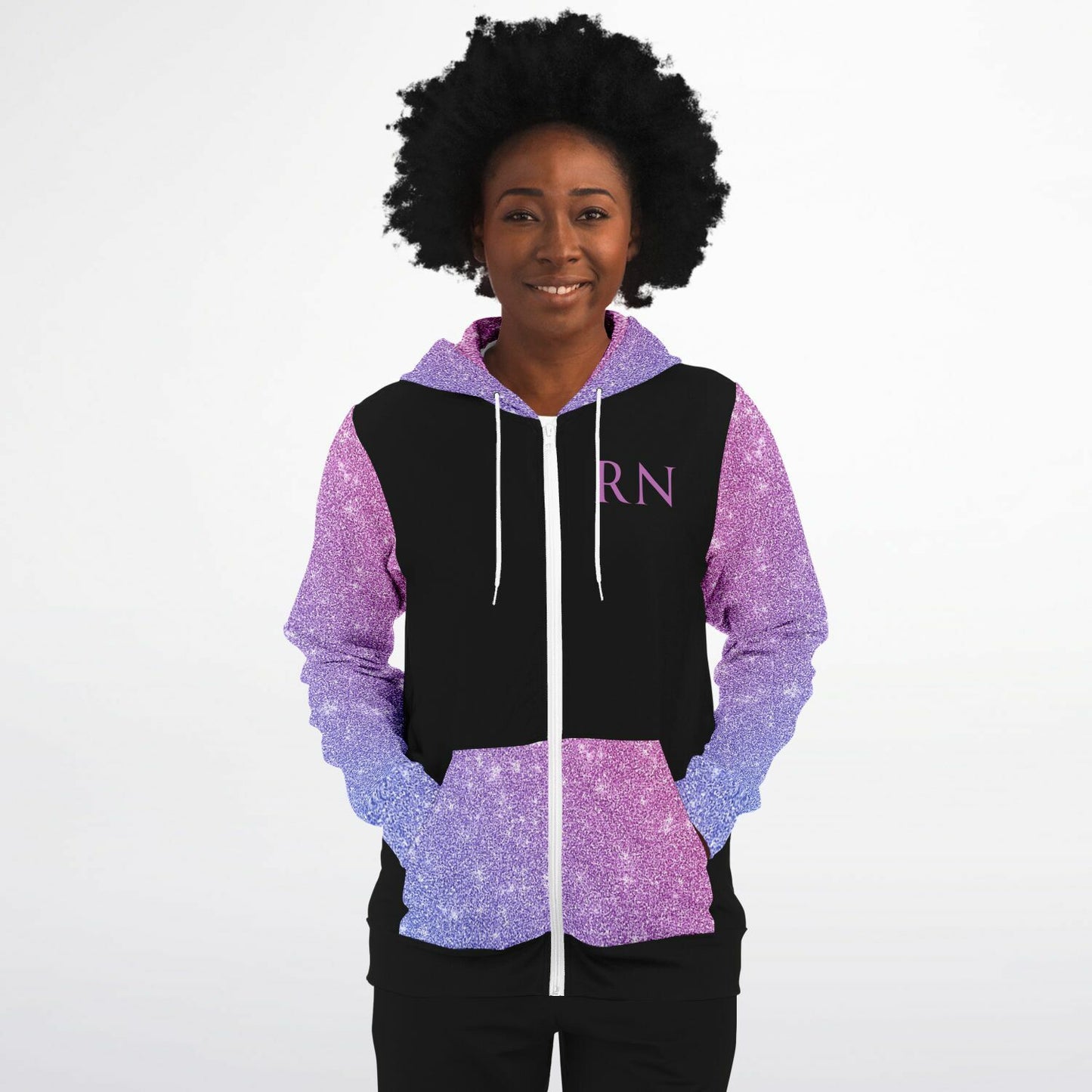 MICU, RN, Nurse Fashion Zip-Up Hoodie -  Black, purple and pink sleeves