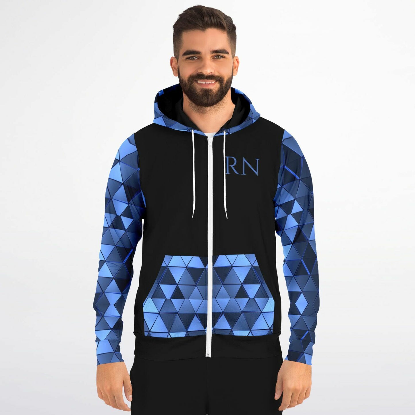 MICU Tribal style 1, RN, Nurse Fashion Zip-Up Hoodie -  Black, blue text, with blue diamond sleeves