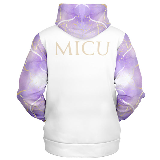 MICU, RN, Nurse Fashion Zip-Up Hoodie -  White, gold text, with purple and gold ribbon sleeves