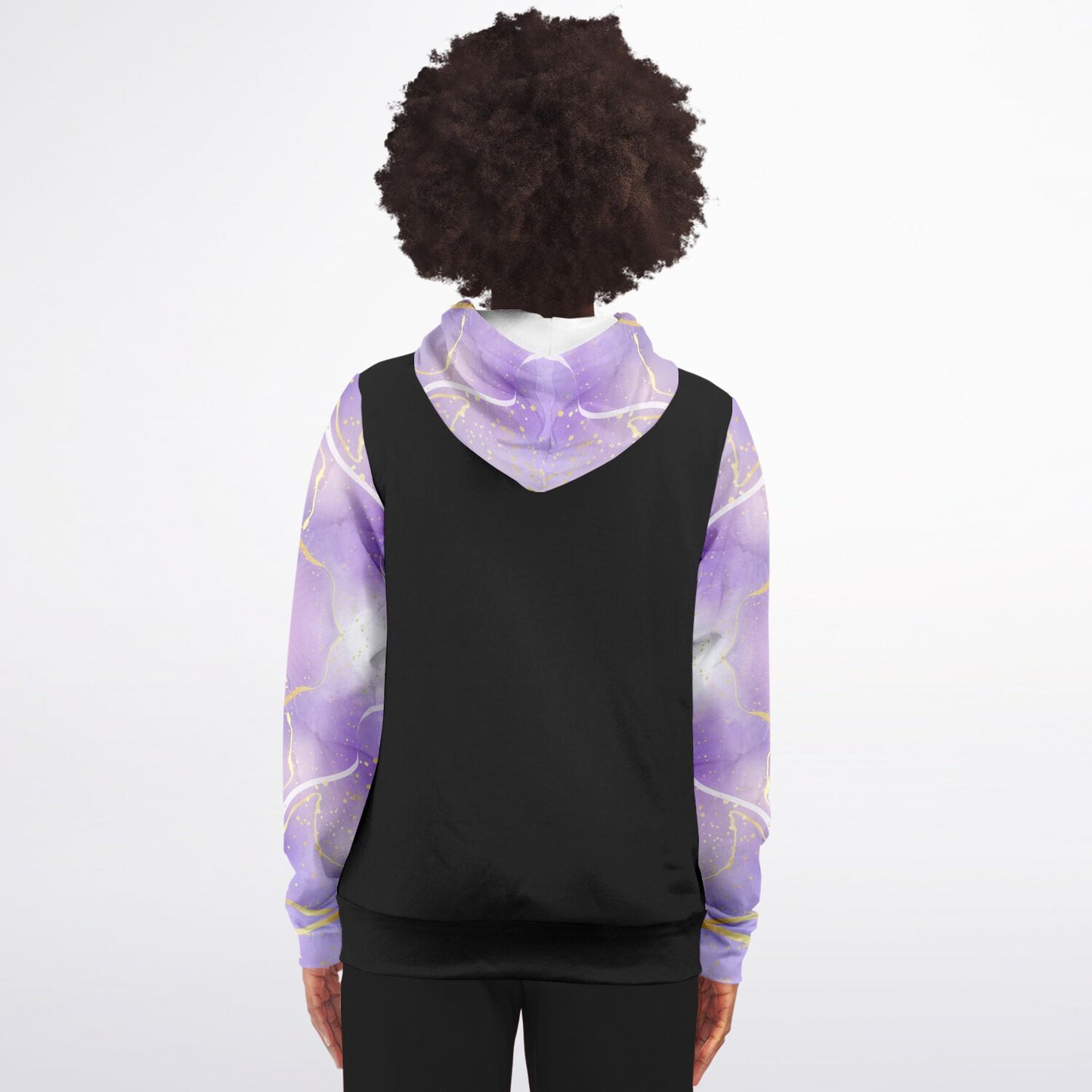 Fashion Zip-Up Hoodie -  Black, gold text, with purple and gold ribbon sleeves