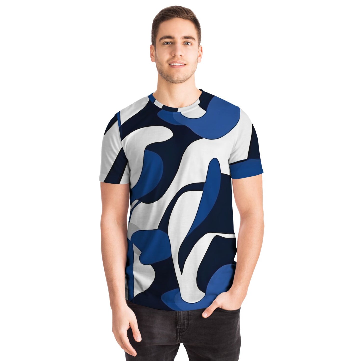 Blue, white, black T-shirt
