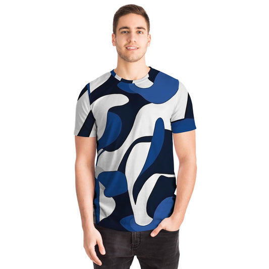 Blue, white, black T-shirt