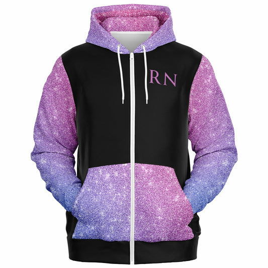 RN, Nurse Fashion Zip-Up Hoodie -  Black, purple and pink