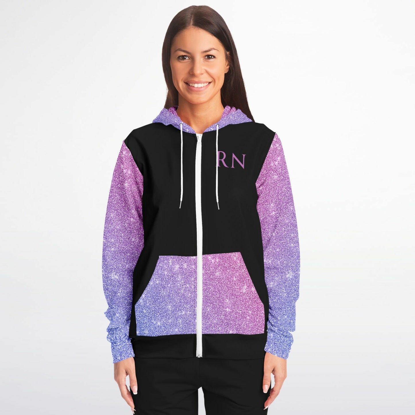 MICU, RN, Nurse Fashion Zip-Up Hoodie -  Black, purple and pink sleeves