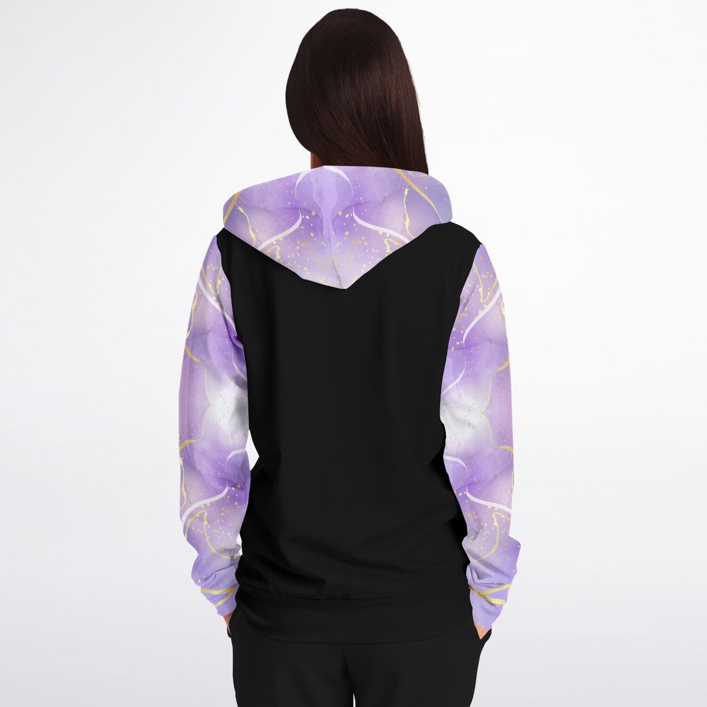 Fashion Zip-Up Hoodie -  Black, gold text, with purple and gold ribbon sleeves