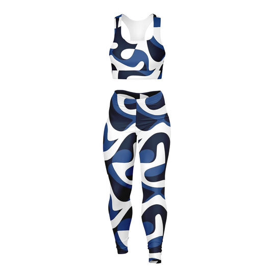 Blue and white Padded Sports Bra & Leggings - AOP
