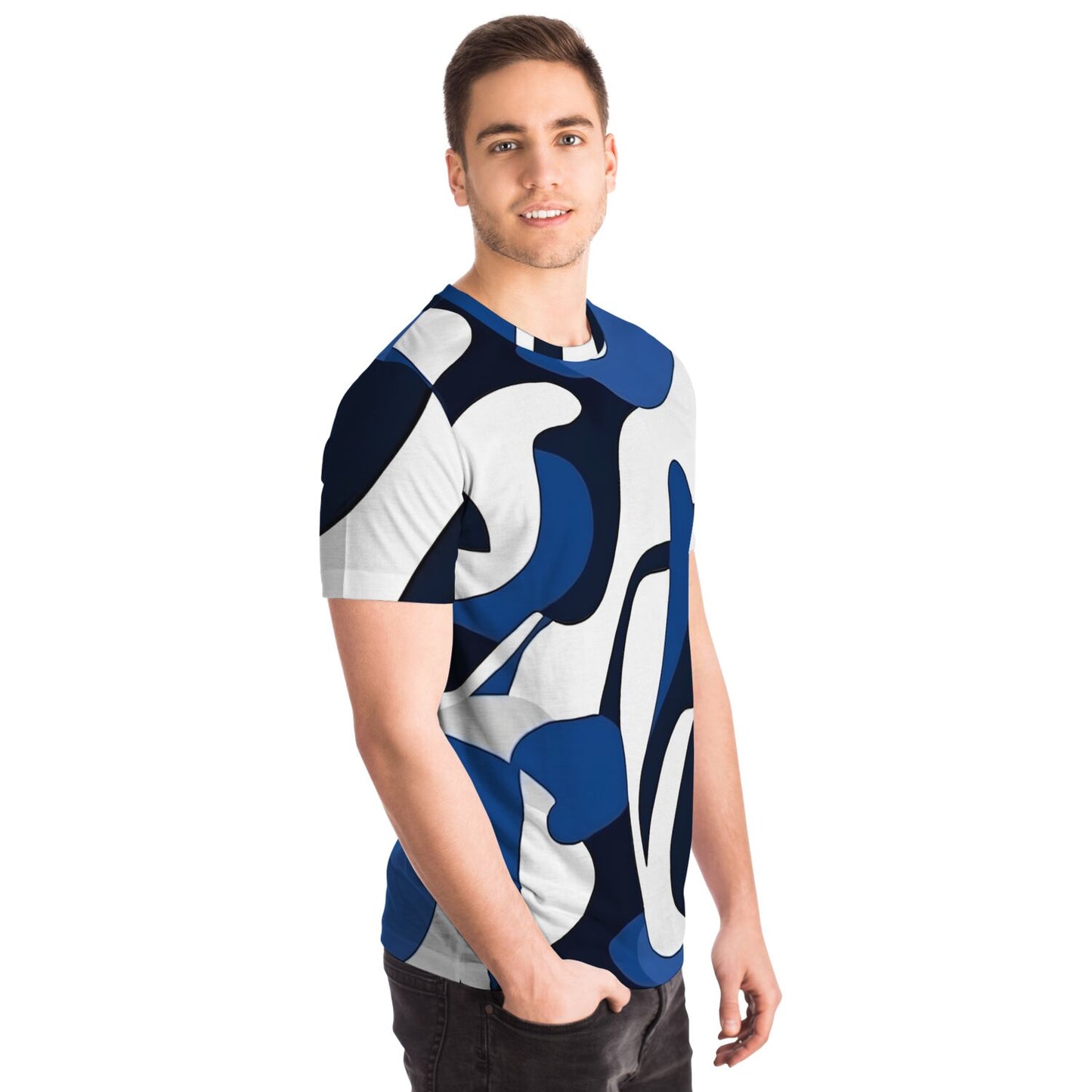 Blue, white, black T-shirt