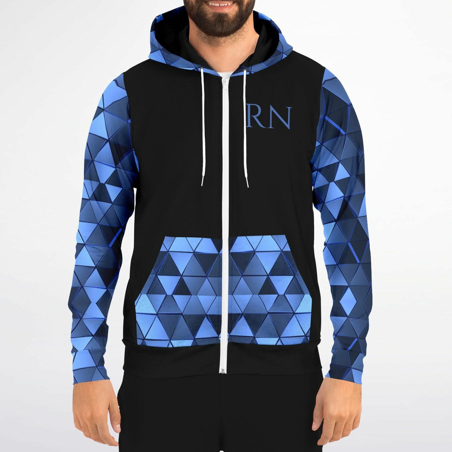 MICU Tribal style 1, RN, Nurse Fashion Zip-Up Hoodie -  Black, blue text, with blue diamond sleeves