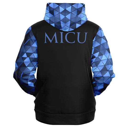 MICU, RN, Nurse Fashion Zip-Up Hoodie -  Black, blue text, with blue diamond sleeves