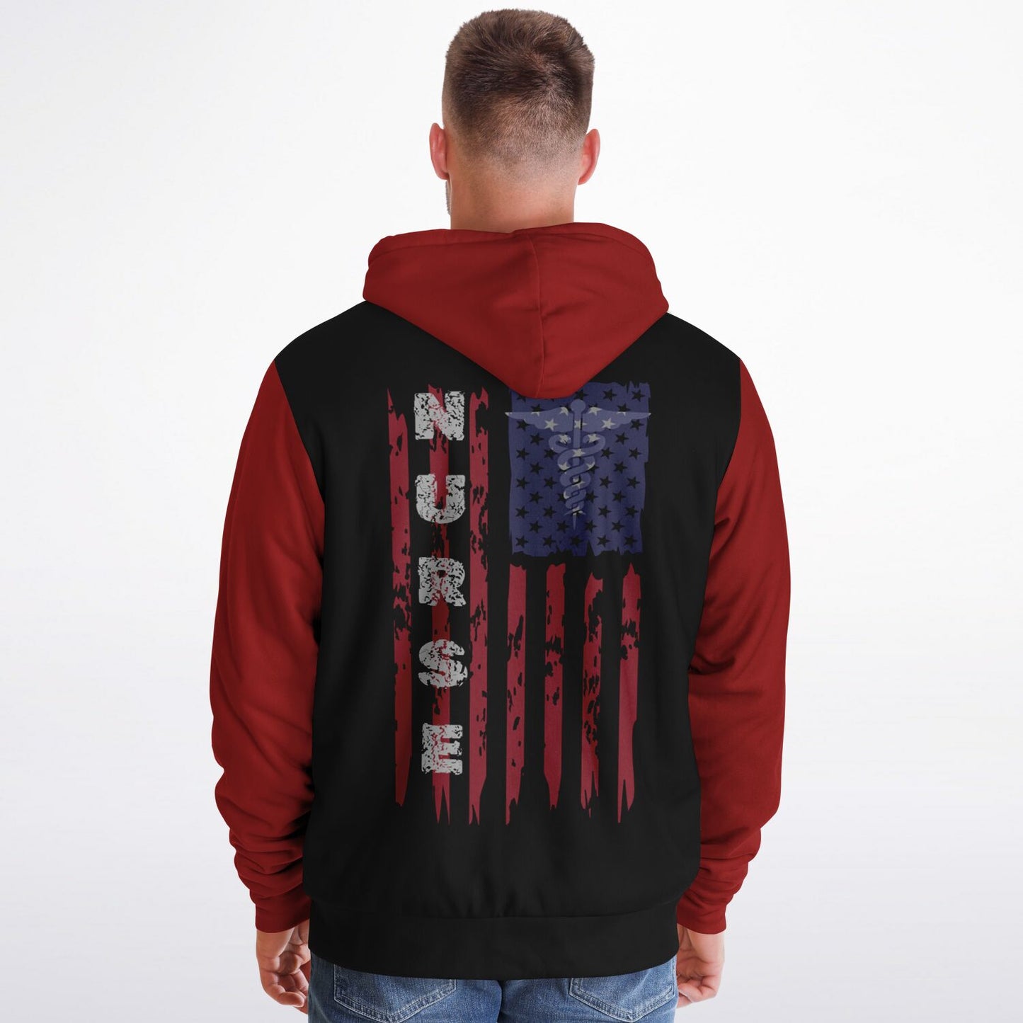 Nurse with US flag, Black and Red  Microfleece Zip-hoodie -