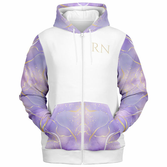 RN, Nurse Fashion Zip-Up Hoodie -  White, gold text, with purple and gold ribbon sleeves