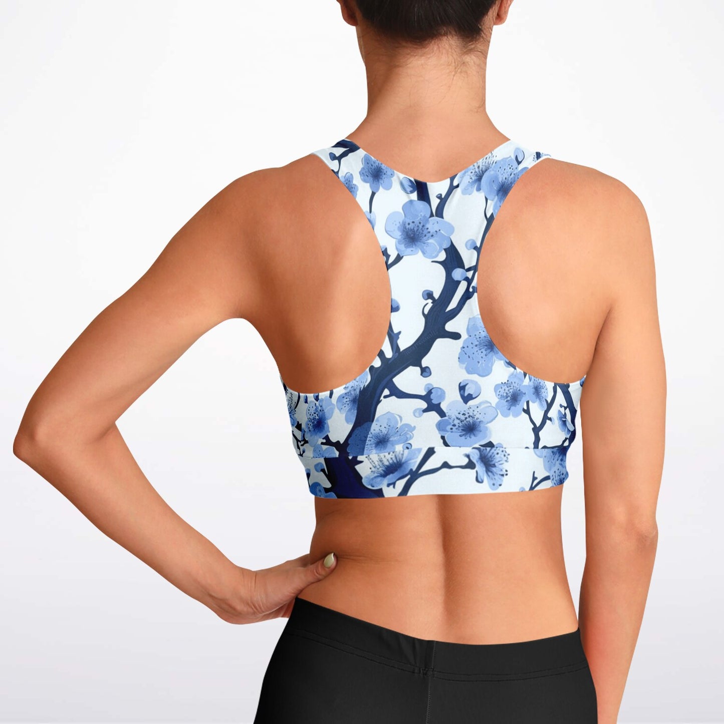 White with Blue polar tree Padded Sports Bra - AOP