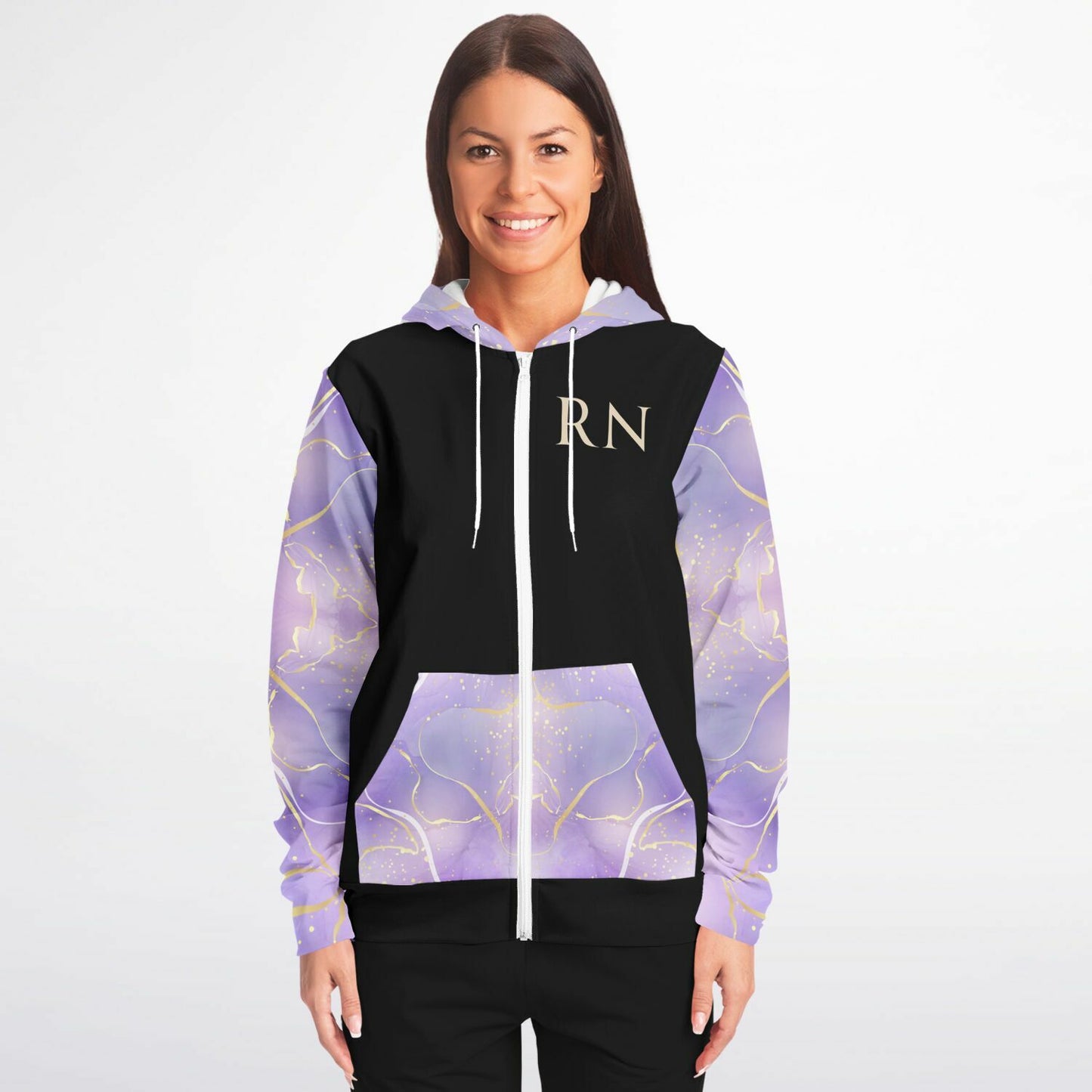 MICU, RN, Nurse Fashion Zip-Up Hoodie -  Black, gold text, with purple and gold ribbon sleeves