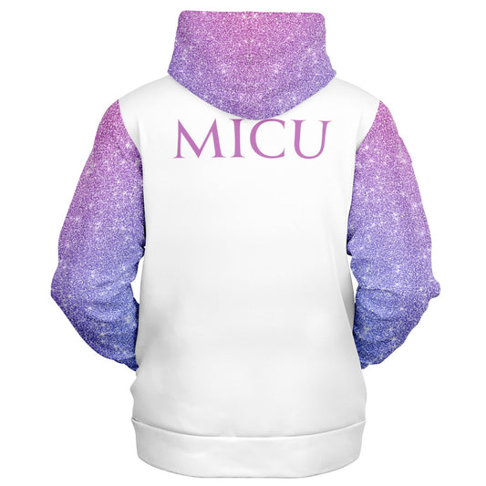 MICU, RN, Nurse Fashion Zip-Up Hoodie -  White, purple and pink sleeves