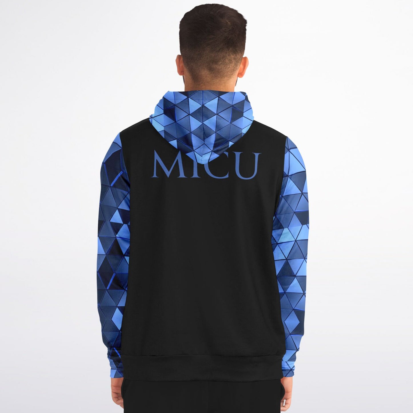 MICU, RN, Nurse Fashion Zip-Up Hoodie -  Black, blue text, with blue diamond sleeves