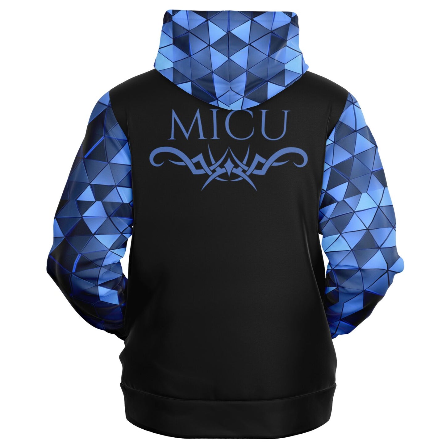 MICU Tribal style 1, RN, Nurse Fashion Zip-Up Hoodie -  Black, blue text, with blue diamond sleeves