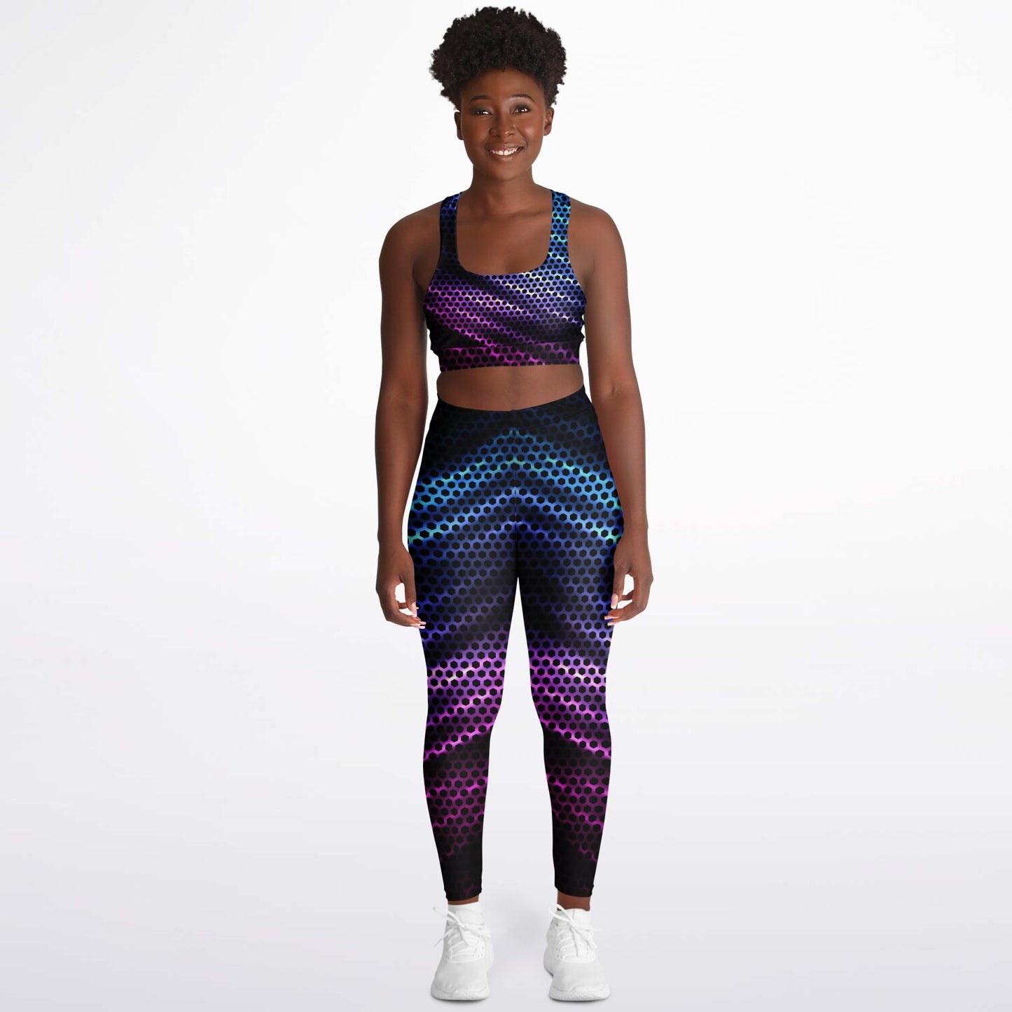 Black Carbon with Pink and Blue Padded Sports Bra & Leggings -