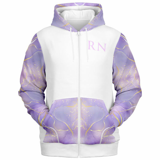 CVICU RN, Nurse Fashion Zip-Up Hoodie -  White, gold text, with purple and gold ribbon sleeves