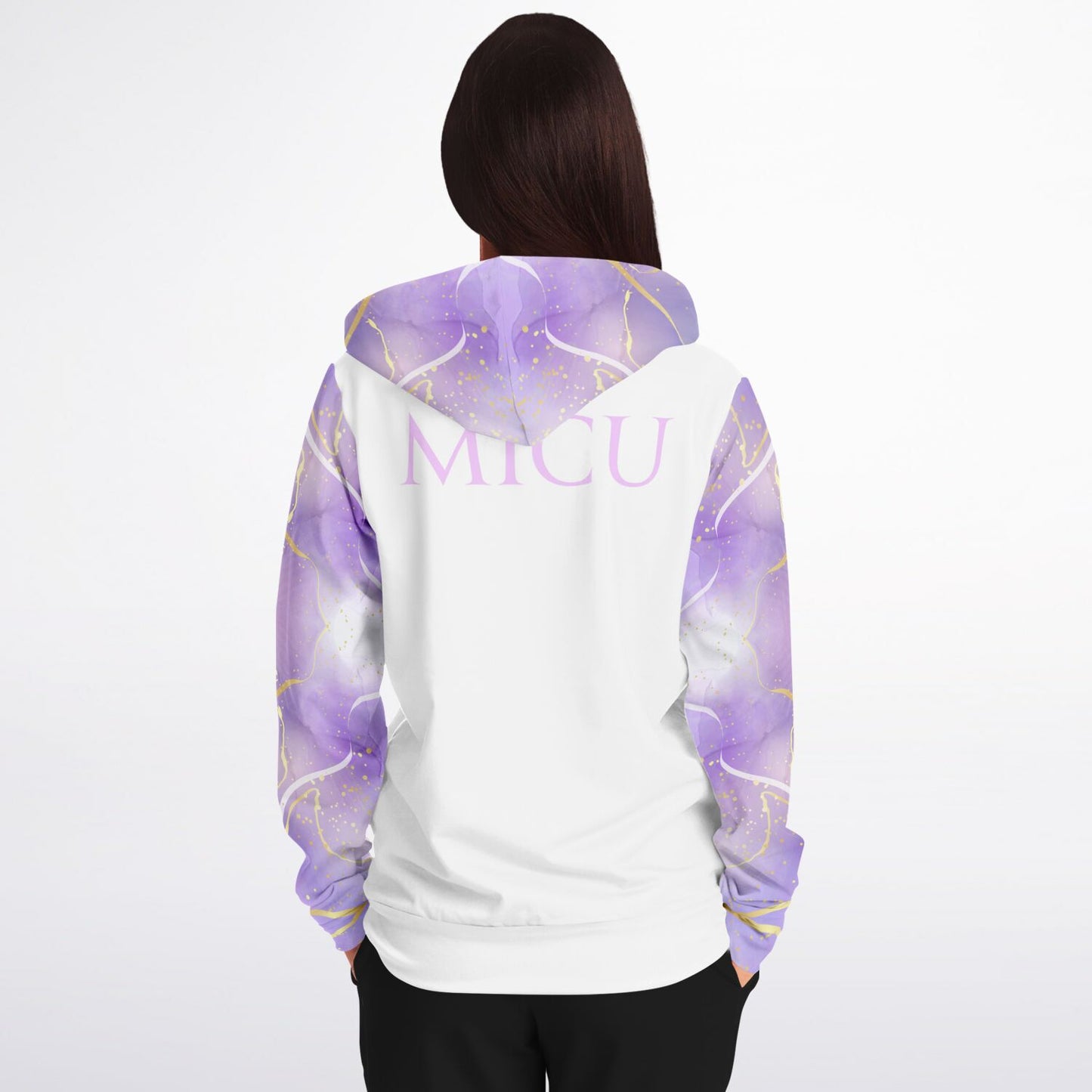 MICU RN, Nurse Fashion Zip-Up Hoodie -  White, gold text, with purple and gold ribbon sleeves