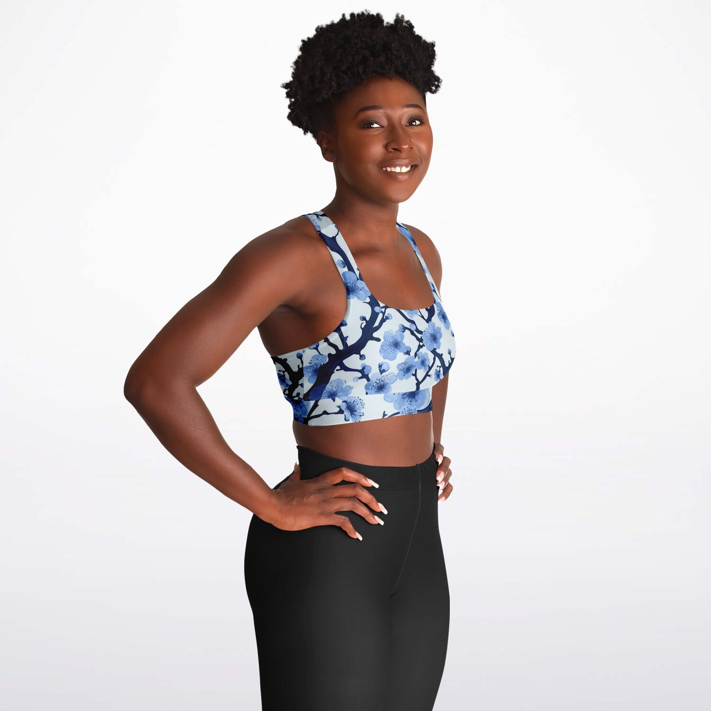 White with Blue polar tree Padded Sports Bra - AOP