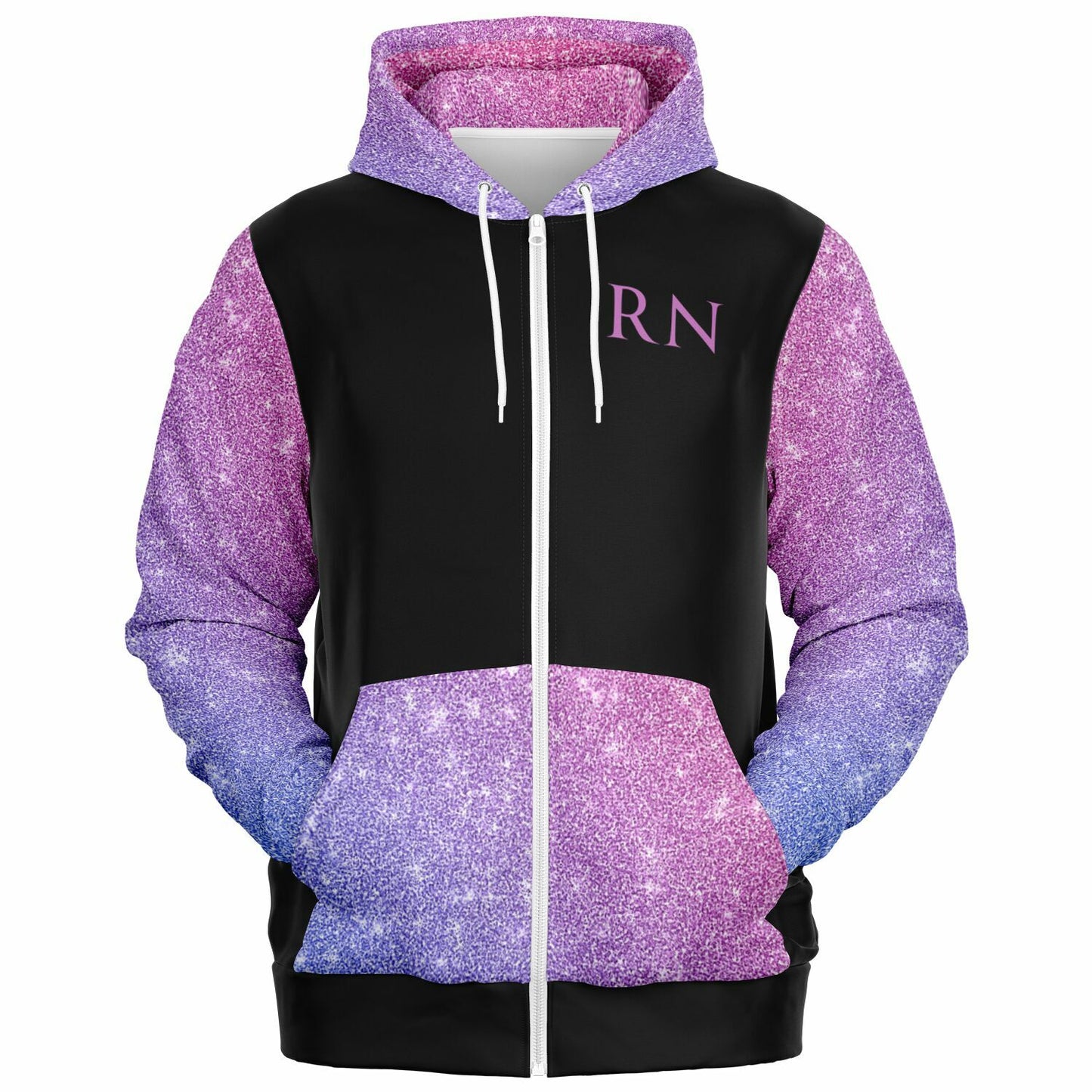 MICU, RN, Nurse Fashion Zip-Up Hoodie -  Black, purple and pink sleeves